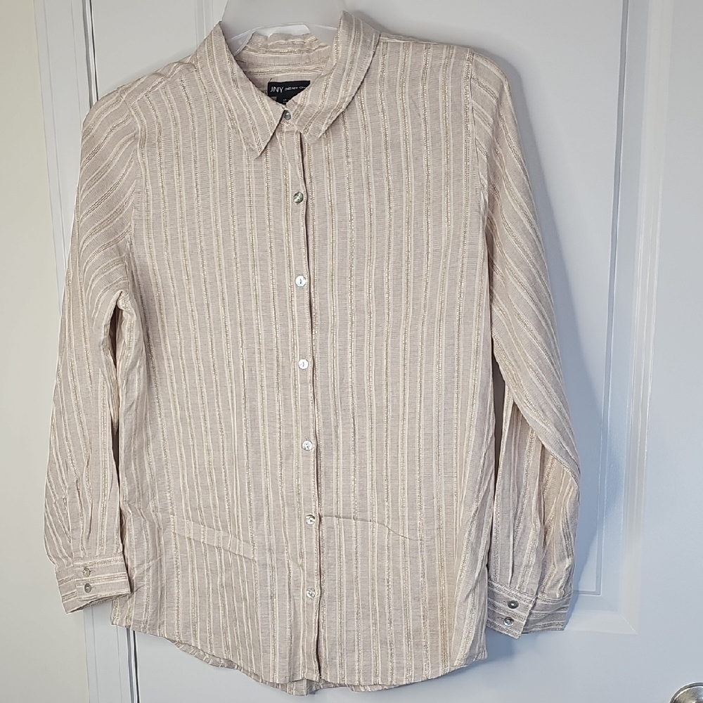 Jones New York Beige Striped Long-Sleeve Button-Down Shirt Size L 55% Linen